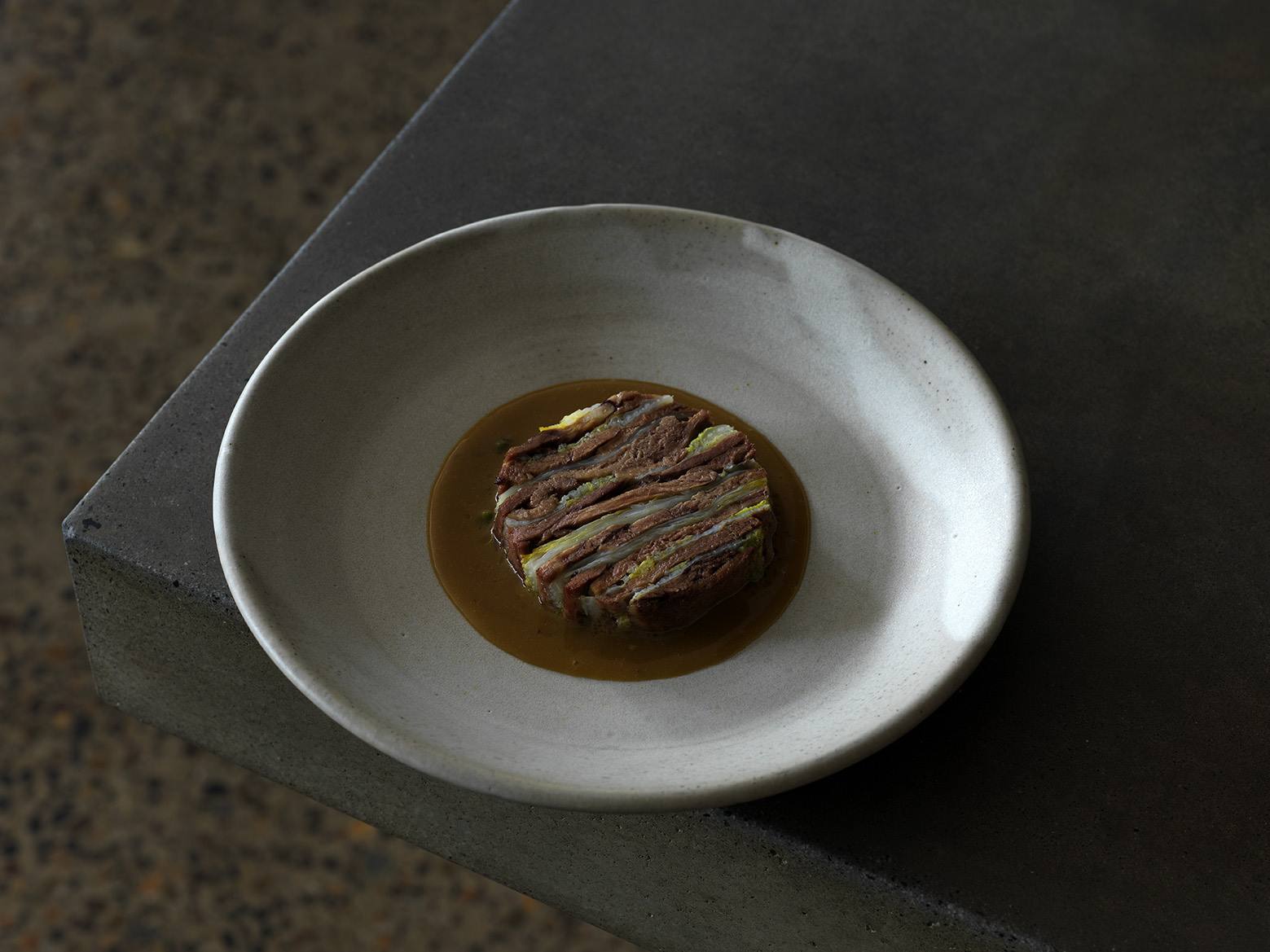 Lewis says when you get out and see how things grow, you’re not just thinking of one part and sometimes that’s how a dish is born - like his tongue terrine using Hayter’s Hill beef tongues and wombok from Boon Luck Farm.