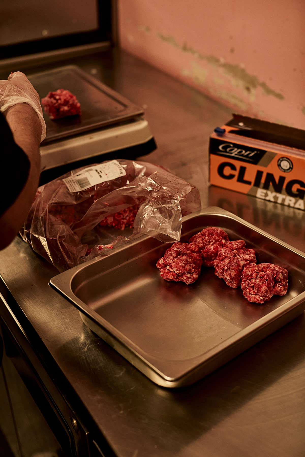 Raph works direct with his supplier for a burger mince that gives minimal shrinkage - using an 80:20 ratio based on available cuts like chuck, brisket, flank or knuckle.