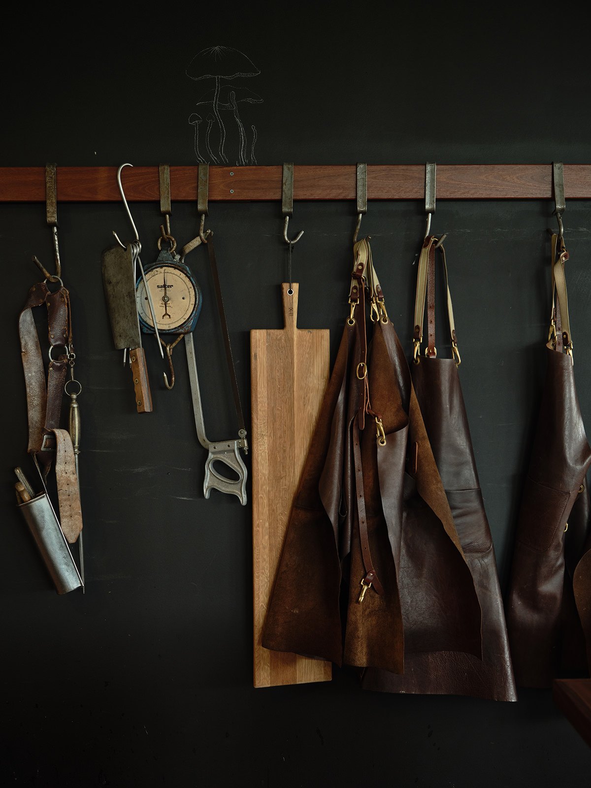 Trevor’s dad’s butchery tools on display at Hogget.